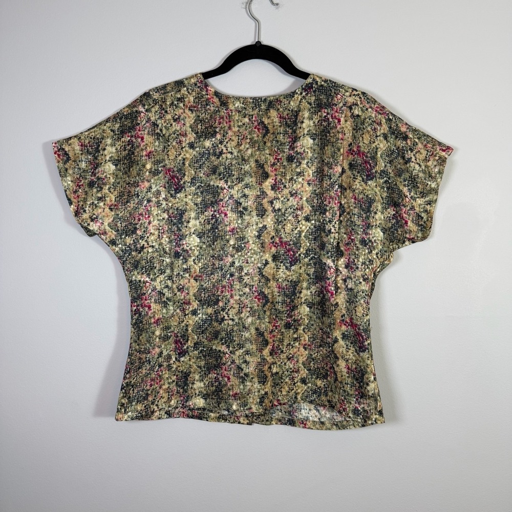 Vintage 80s Michelle Stuart Snake Print Silky Blouse Button Back Pleated Top 8 M